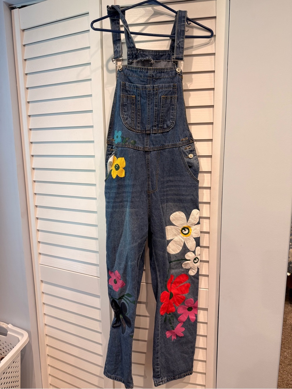 Denim Floral Embroidered Women's Overalls - Blue